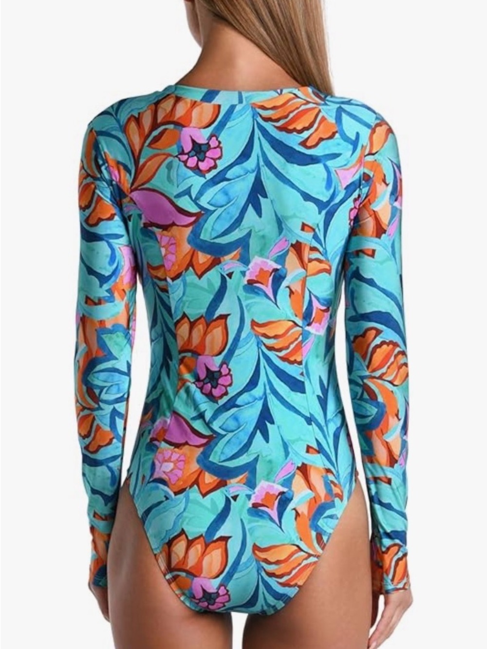 Long-Sleeve Floral Zip Front One-Piece Swimsuit - Turquoise Multi - Picture 2 of 4